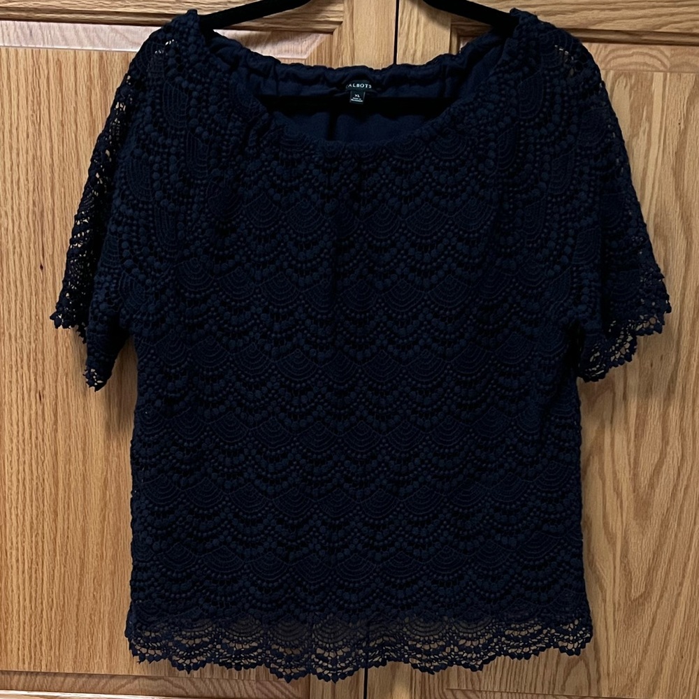 Talbots Women’s Navy Lace Overlay Blouse, EUC, Size XL